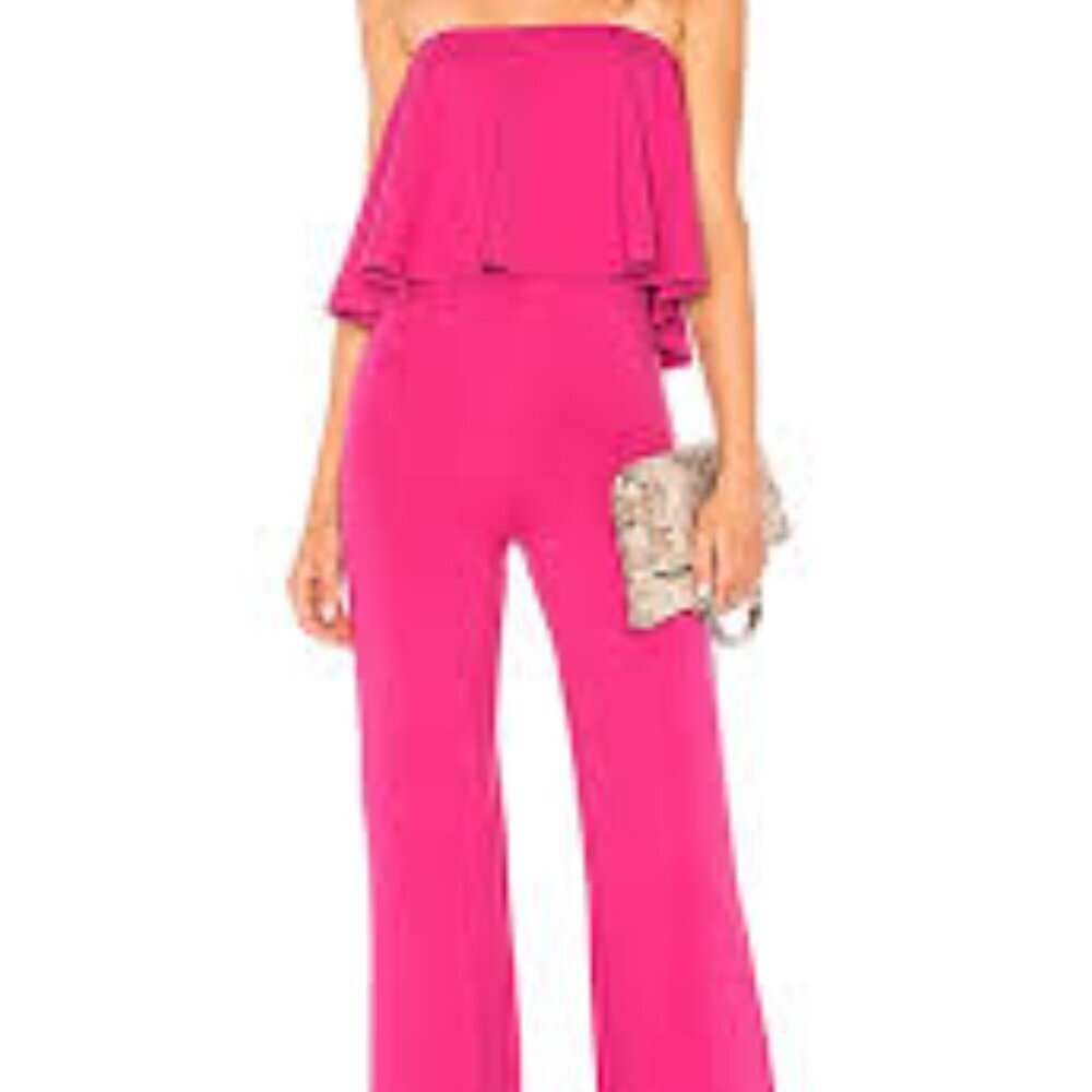 Strapless Ruffle Jumpsuit in Hot Pink